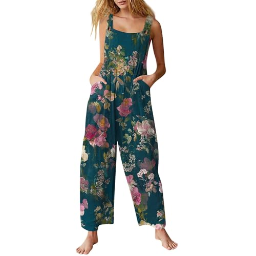 Jumpsuit Damen Sommer Lang Elegant Leinen Jumpsuits Für Damen Overall Freizeit Latzhosen Plissee Onesie Baggy Einteiler Floral Romper Playsuit Mit Träger Knöpfe Arbeitsoverall Große Größen von FUPODD