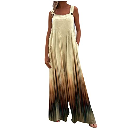 Jumpsuit Damen Sommer Lang Weites Bein Musselin Latzhose Mit Taschen Jumpsuits Locker Ärmellos Mit Träger Boho Overall Elegant Baumwolle Leinen Bohemian Playsuit Knöpfe Onesie Frauen Strand von FUPODD