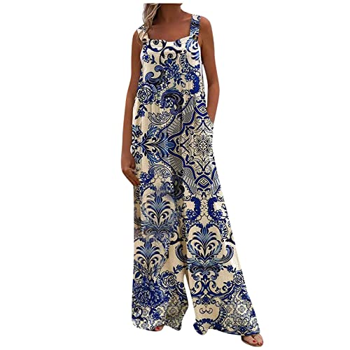 Jumpsuit Damen Sommer Lang Weites Bein Musselin Latzhose Mit Taschen Jumpsuits Locker Ärmellos Mit Träger Boho Overall Elegant Baumwolle Leinen Bohemian Playsuit Knöpfe Onesie Frauen Strand von FUPODD