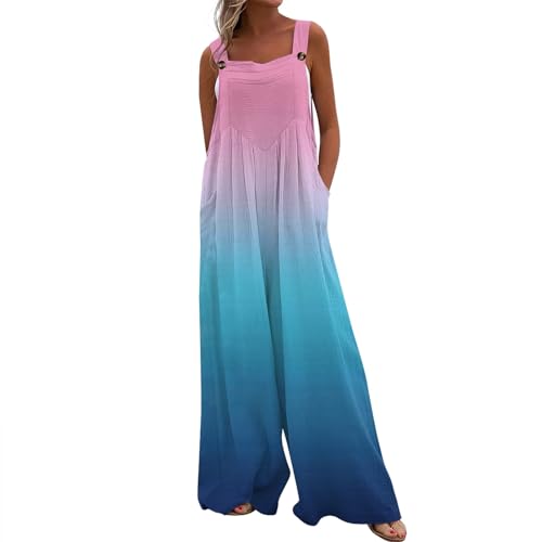 Jumpsuit Damen Sommer Lang Weites Bein Musselin Latzhose Mit Taschen Jumpsuits Locker Ärmellos Mit Träger Boho Overall Elegant Baumwolle Leinen Bohemian Playsuit Knöpfe Onesie Frauen Strand von FUPODD