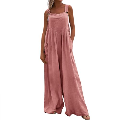 Jumpsuit Damen Sommer Lang Weites Bein Musselin Latzhose Mit Taschen Jumpsuits Locker Ärmellos Mit Träger Boho Overall Elegant Baumwolle Leinen Bohemian Playsuit Knöpfe Onesie Frauen Strand von FUPODD