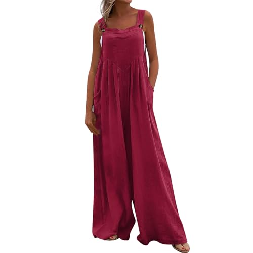 Jumpsuit Damen Sommer Lang Weites Bein Musselin Latzhose Mit Taschen Jumpsuits Locker Ärmellos Mit Träger Boho Overall Elegant Baumwolle Leinen Bohemian Playsuit Knöpfe Onesie Frauen Strand von FUPODD