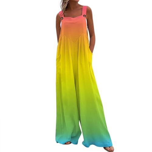 Jumpsuit Damen Sommer Lang Weites Bein Musselin Latzhose Mit Taschen Jumpsuits Locker Ärmellos Mit Träger Boho Overall Elegant Baumwolle Leinen Bohemian Playsuit Knöpfe Onesie Frauen Strand von FUPODD