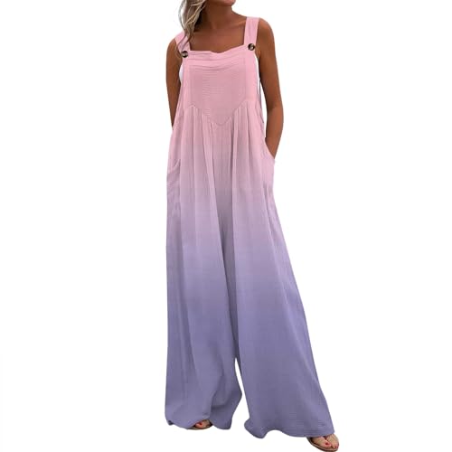 Jumpsuit Damen Sommer Lang Weites Bein Musselin Latzhose Mit Taschen Jumpsuits Locker Ärmellos Mit Träger Boho Overall Elegant Baumwolle Leinen Bohemian Playsuit Knöpfe Onesie Frauen Strand von FUPODD