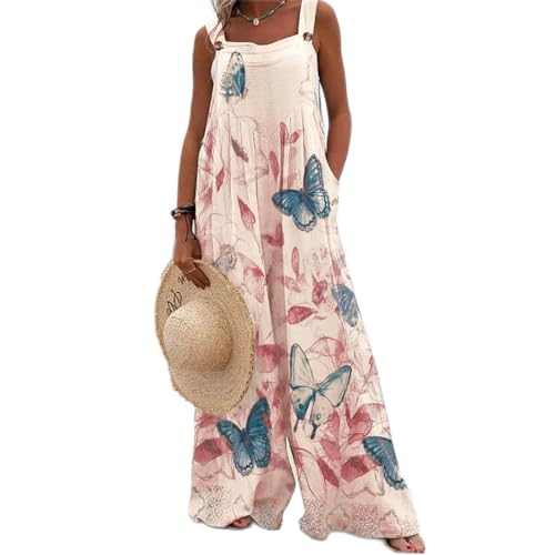 Jumpsuit Damen Sommer Lang Weites Bein Musselin Latzhose Mit Taschen Jumpsuits Locker Ärmellos Mit Träger Boho Overall Elegant Baumwolle Leinen Bohemian Playsuit Knöpfe Onesie Frauen Strand von FUPODD