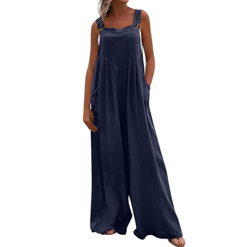 Jumpsuit Damen Sommer Lang Weites Bein Musselin Latzhose Mit Taschen Jumpsuits Locker Ärmellos Mit Träger Boho Overall Elegant Baumwolle Leinen Bohemian Playsuit Knöpfe Onesie Frauen Strand von FUPODD