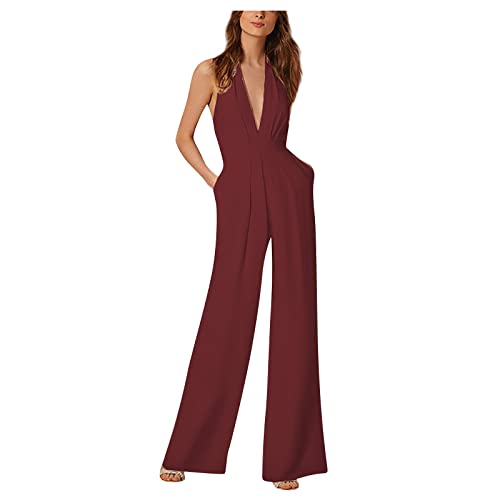 Jumpsuits Für Damen Elegant Festlich Overall Lang V Ausschnitt Jumpsuit Damen Sommer Hochzeit Rückenfrei Playsuit Mit Tasche Neckholder Hosenanzug Frauen Weites Bein Einteiler Hochzeitsgast von FUPODD