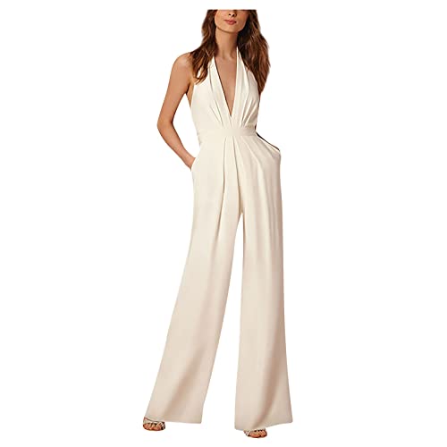 Jumpsuits Für Damen Elegant Festlich Overall Lang V Ausschnitt Jumpsuit Damen Sommer Hochzeit Rückenfrei Playsuit Mit Tasche Neckholder Hosenanzug Frauen Weites Bein Einteiler Hochzeitsgast von FUPODD