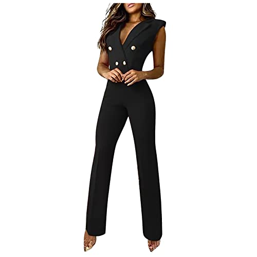 Jumpsuits Für Damen Elegant V Ausschnitt Jumpsuit Damen Sommer Lang Weites Bein Buisness Overall Festlich Playsuit Mit Knöpfe Kragen Einteiler Slim Hosenanzug Ärmellos Romper Frauen Kariert von FUPODD