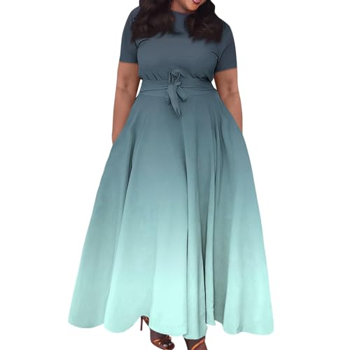Kleid Damen Elegant Große Größen Sommerkleid Lang Luftig Hohe Taille Blusenkleid Übergröße Maxi Kleider A Linie Farbverlauf Sommerkleider Leicht Kurzarm Gürtel Partykleid Für Mollige Frauen von FUPODD