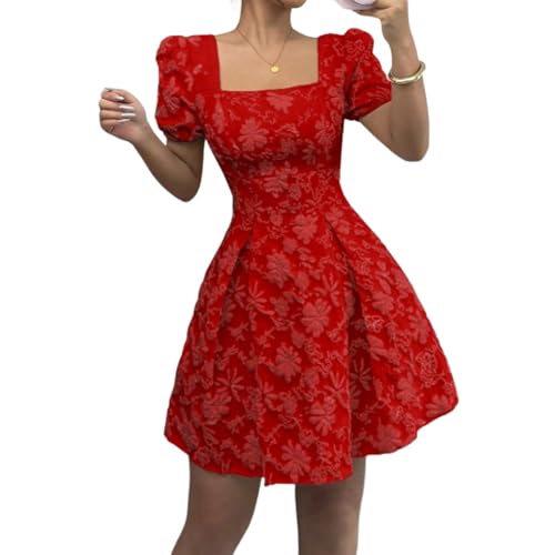 Kleid Damen Elegant Kurz A Linie Cocktailkleid Hochzeitsgast Sommerkleid Festliche Kleider Blumenkleid Quadratischer Kragen Partykleid Festlich Sommerkleider Frauen Leicht Korsett Minikleid von FUPODD
