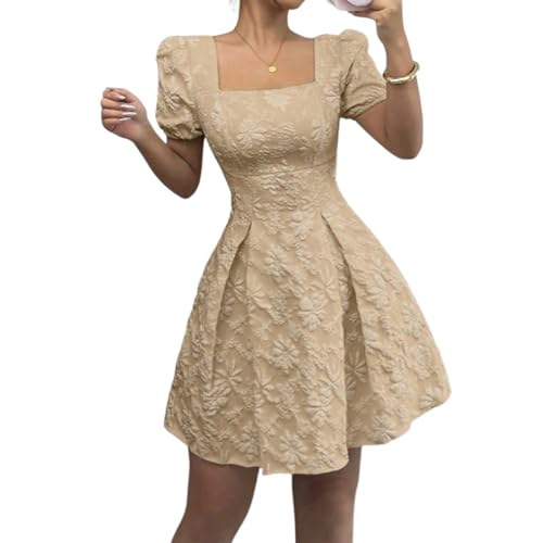 Kleid Damen Elegant Kurz A Linie Cocktailkleid Hochzeitsgast Sommerkleid Festliche Kleider Blumenkleid Quadratischer Kragen Partykleid Festlich Sommerkleider Frauen Leicht Korsett Minikleid von FUPODD
