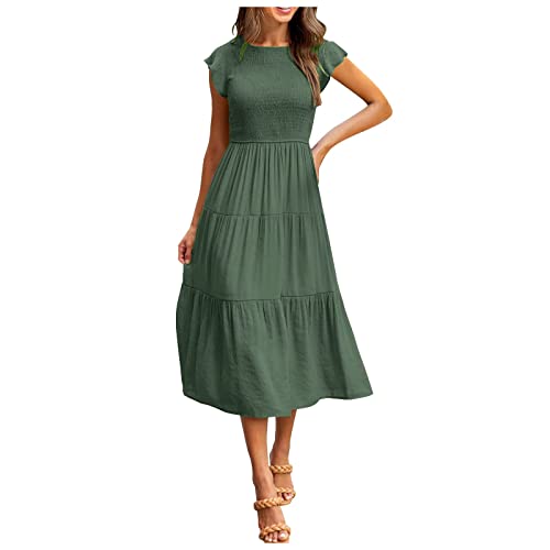 Kleid Damen Elegant Rüschen Ärmel Kleider Boho Sommer Einfarbig Sommerkleid Frauen Wadenlang Sommerkleider Viskose Kurzarm Sommerkleider Leicht Strandkleid Musselin Damenkleider A Linie von FUPODD