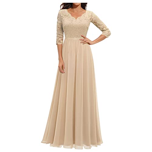 Kleid Damen Hochzeitsgast Ballkleider Lang Festliche Kleider Frauen Abendkleider Elegant Für Hochzeit Cocktailkleid mit Ärmeln Damenkleider V Ausschnitt Lochstickerei Tüll Kleid Schwingen von FUPODD