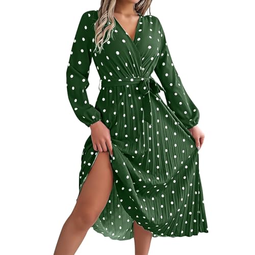 Kleid Damen Lang Punkte Plisseekleid V Ausschnitt Maxikleid Elegant Langarm A Linie Kleider Mit Gürtel Herbstkleid Gepunktet Wickelkleid Lässig Faltenkleid Puffärmel Frühlingskleid Winter von FUPODD