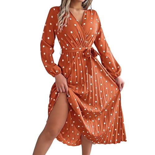 Kleid Damen Lang Punkte Plisseekleid V Ausschnitt Maxikleid Elegant Langarm A Linie Kleider Mit Gürtel Herbstkleid Gepunktet Wickelkleid Lässig Faltenkleid Puffärmel Frühlingskleid Winter von FUPODD