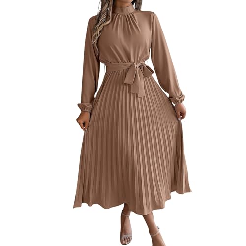 Kleid Damen Langarm Abendkleider Elegant Für Hochzeit Lang Frühlingskleid Plissee Kleider Faltenkleid Mit Gürtel Maxikleid Frauen A Linie Casual Freizeitkleid Stehkragen Herbstkleid Puffärmel von FUPODD