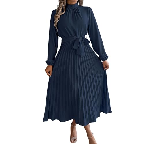 Kleid Damen Langarm Abendkleider Elegant Für Hochzeit Lang Frühlingskleid Plissee Kleider Faltenkleid Mit Gürtel Maxikleid Frauen A Linie Casual Freizeitkleid Stehkragen Herbstkleid Puffärmel von FUPODD