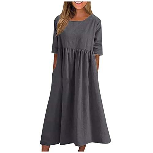 Kleid Damen Sommer Elegant Lang Sommerkleid A Linie Kleider Mit Taschen Maxikleid Mit Ärmeln Sommerkleider Frauen Leicht Und Luftig Strandkleid Lockeres Damenkleider Einfarbig Freizeitkleider von FUPODD