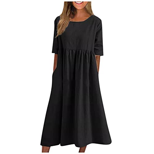 Kleid Damen Sommer Elegant Lang Sommerkleid A Linie Kleider Mit Taschen Maxikleid Mit Ärmeln Sommerkleider Frauen Leicht Und Luftig Strandkleid Lockeres Damenkleider Einfarbig Freizeitkleider von FUPODD