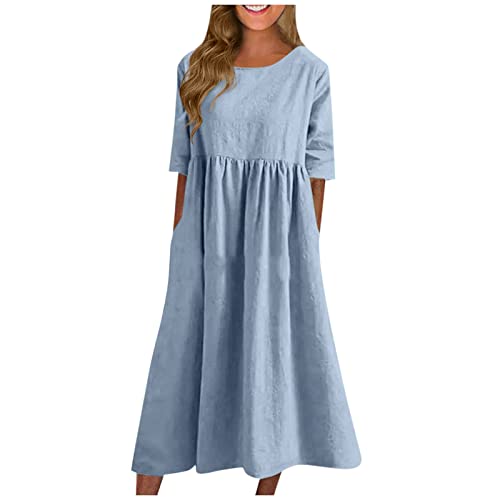 Kleid Damen Sommer Elegant Lang Sommerkleid A Linie Kleider Mit Taschen Maxikleid Mit Ärmeln Sommerkleider Frauen Leicht Und Luftig Strandkleid Lockeres Damenkleider Einfarbig Freizeitkleider von FUPODD