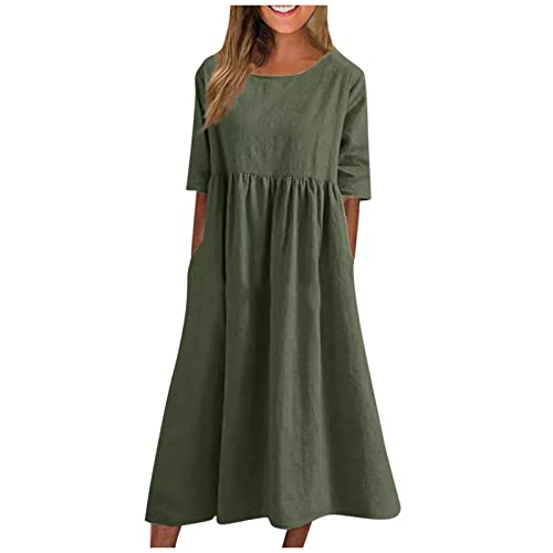Kleid Damen Sommer Elegant Lang Sommerkleid A Linie Kleider Mit Taschen Maxikleid Mit Ärmeln Sommerkleider Frauen Leicht Und Luftig Strandkleid Lockeres Damenkleider Einfarbig Freizeitkleider von FUPODD