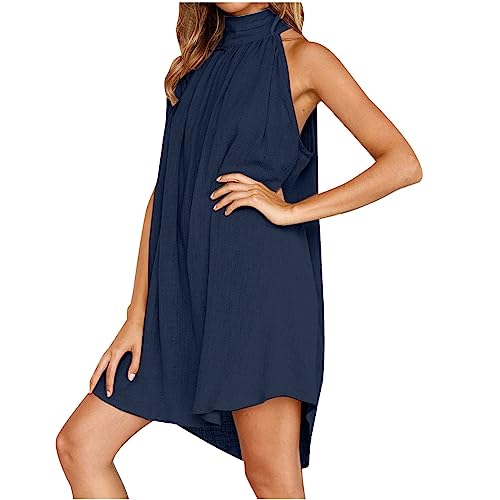 Kleid Damen Sommer Elegant Locker Neckholder Sommerkleider Ärmelloses Vorne Kurz Hinten Lang Strandkleid Frauen Sommerkleid Einfarbig Freizeitkleider Musselin Kleider Minikleid Cocktailkleid von FUPODD