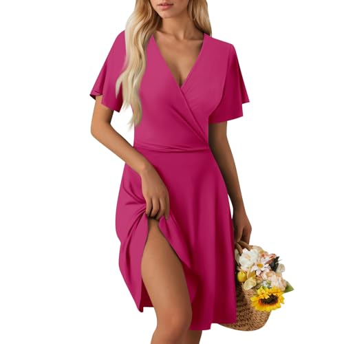 Kleid Damen Sommer Kurz Sommerkleid Damen Elegant A Linie Wickelkleid V Ausschnitt Kleider Tailliert Sommerkleider Leicht Und Luftig Damenkleider Kurzarm Korsett Strandkleid Frauen Casual von FUPODD
