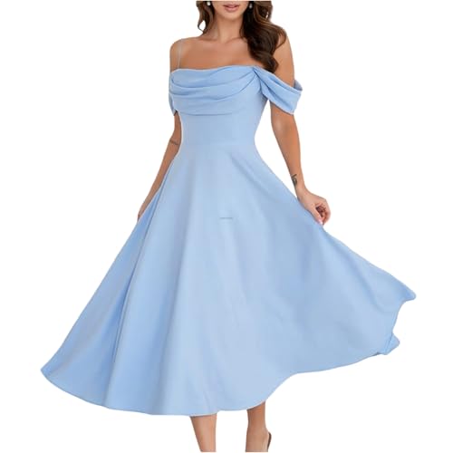 Kleid Damen Sommer Lang Abendkleider A Linie Kleid Hochzeitsgast Kleider Elegant Abschlusskleid Midi Partykleid Schwingen Sommerkleid Frauen Spaghettiträger Cold Shoulder Sommerkleider Leicht von FUPODD