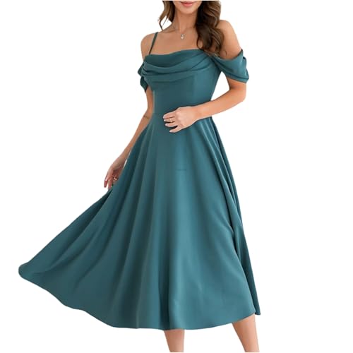 Kleid Damen Sommer Lang Abendkleider A Linie Kleid Hochzeitsgast Kleider Elegant Abschlusskleid Midi Partykleid Schwingen Sommerkleid Frauen Spaghettiträger Cold Shoulder Sommerkleider Leicht von FUPODD
