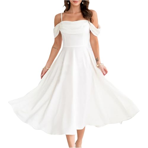 Kleid Damen Sommer Lang Abendkleider A Linie Kleid Hochzeitsgast Kleider Elegant Abschlusskleid Midi Partykleid Schwingen Sommerkleid Frauen Spaghettiträger Cold Shoulder Sommerkleider Leicht von FUPODD