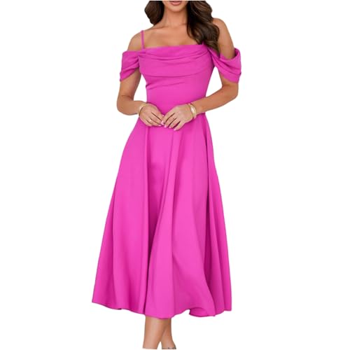 Kleid Damen Sommer Lang Abendkleider A Linie Kleid Hochzeitsgast Kleider Elegant Abschlusskleid Midi Partykleid Schwingen Sommerkleid Frauen Spaghettiträger Cold Shoulder Sommerkleider Leicht von FUPODD