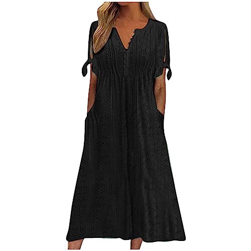 Kleid Damen Sommer Lang Elegant Sommerkleid mit Ärmeln Kurzarm Kleider Midi Sommerkleid Damen Leicht Midikleid A Linie Damenkleider mit Knopfleiste Strandkleid mit Taschen Locker Rundhals von FUPODD