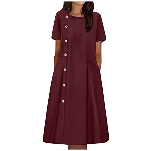 Kleid Damen Sommer Lang Elegant Sommerkleid mit Ärmeln Kurzarm Kleider Midi Sommerkleid Damen Leicht Midikleid A Linie Damenkleider mit Knopfleiste Strandkleid mit Taschen Locker Rundhals von FUPODD