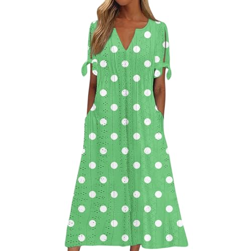 Kleid Damen Sommer Lang Gepunktet Sommerkleid Damen Elegant Mit Öse A Linie Maxi Sommerkleider Leicht Luftig Punkte Boho Maxikleid Frauen V Ausschnitt Strandkleid Mit Taschen Ibiza Kleider von FUPODD