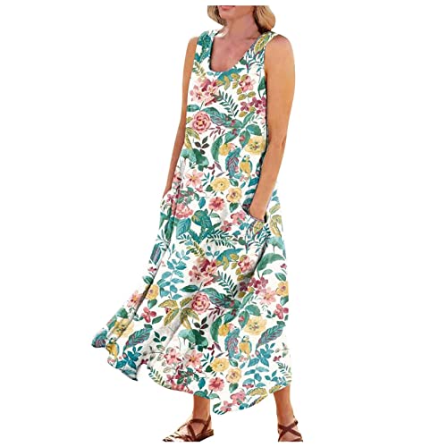 Kleid Damen Sommer Lange Kleider Maxikleider Damen Sommer Elegant Schicke Sommerkleider Salbeigrün Jerseykleid Infinity Sommerkleid Wadenlang Ärmellos Strandkleid Ohne Ärmel Mit Taschen von FUPODD