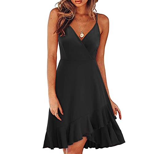 Kleid Damen Sommer Spaghettiträger Sommerkleid Elegant A Linie Wickelkleid V Ausschnitt Strandkleid Kurz Kleider Rüschen Sommerkleider Frauen Leicht Und Luftig Trägerkleid Lässig Minikleid von FUPODD