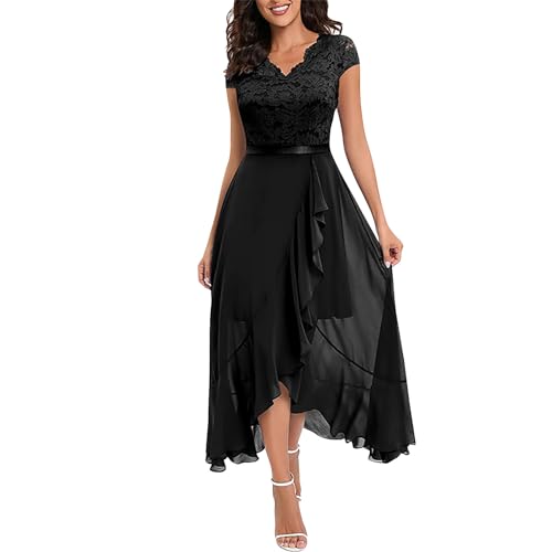 Kleid Hochzeitsgast Damen Abendkleider Elegant Hochzeit Cocktailkleid Spitze Chiffonkleid Vorne Kurz Hinten Lang Rüschen Kleider Lochstickerei Brautjungfernkleider Frauen A Linie Ballkleid von FUPODD