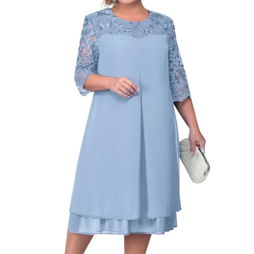 Kleid Hochzeitsgast Damen Große Größen Abendkleider Elegant Spitze Kleider Lochstickerei Cocktailkleid Frauen Midi Abendkleid Mollige Frauen Festlich Brautmutterkleider Hochzeit Chiffonkleid von FUPODD