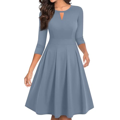 Kleid Hochzeitsgast Damen Lang Cut Out Abendkleid Elegant Hochzeit Cocktailkleid Midi Festliche Abendkleider mit 3/4 Ärmel Ballkleider Frauen Lang A-Linien Festkleid Plissee Abschlusskleid von FUPODD