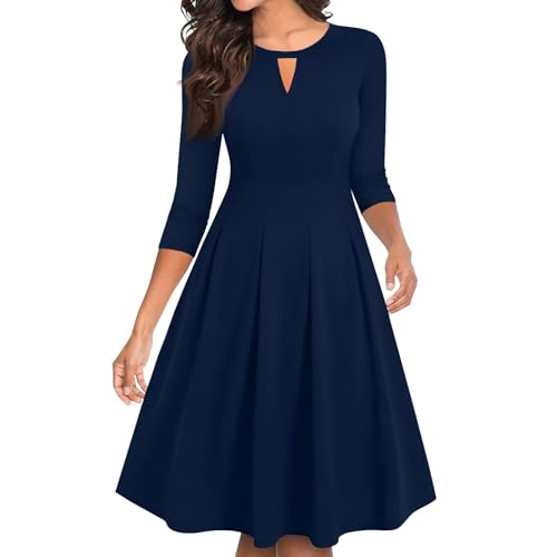 Kleid Hochzeitsgast Damen Lang Cut Out Abendkleid Elegant Hochzeit Cocktailkleid Midi Festliche Abendkleider mit 3/4 Ärmel Ballkleider Frauen Lang A-Linien Festkleid Plissee Abschlusskleid von FUPODD
