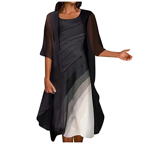 Kleid Hochzeitsgast Damen Zweiteiler Tüll Cardigan Festliche Kleider A Linie Abendkleider Elegant Hochzeit Sommerkleid Festlich Chiffon Midikleid Brautmutterkleider 2 Teiler Partykleid Frauen von FUPODD