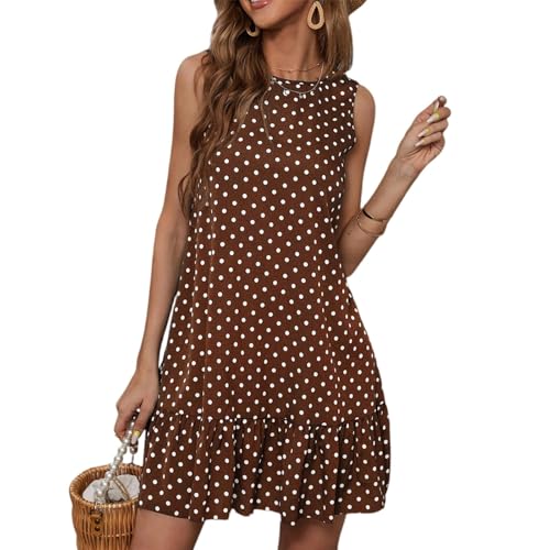 Kleid Punkte Damen Kurz Rüschen Sommerkleid Damen Leicht A Linie Strandkleid Gepunktet Ärmellos Sommerkleider Leicht Und Luftig Strandkleid Schicke Minikleid Frauen Sommer Volant Boho Kleider von FUPODD