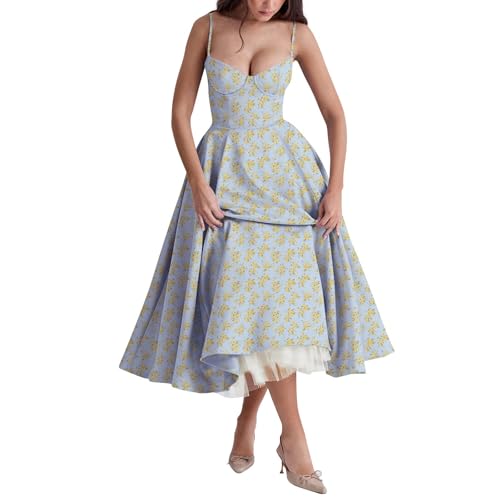 Kleid Rückenfrei Cocktailkleid Damen Lang Spaghettiträger Korsett Abendkleider Elegant Prinzessin Kleider Frauen Corset Ballkleid Taschen Abschlusskleid Schwingen Tüll Doppellagig Maxikleid von FUPODD