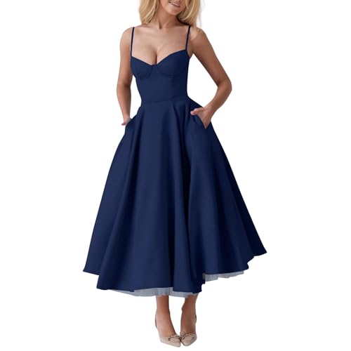 Kleid Rückenfrei Cocktailkleid Damen Lang Spaghettiträger Korsett Abendkleider Elegant Prinzessin Kleider Frauen Corset Ballkleid Taschen Abschlusskleid Schwingen Tüll Doppellagig Maxikleid von FUPODD
