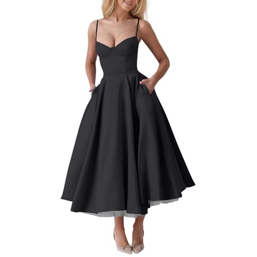 Kleid Rückenfrei Cocktailkleid Damen Lang Spaghettiträger Korsett Abendkleider Elegant Prinzessin Kleider Frauen Corset Ballkleid Taschen Abschlusskleid Schwingen Tüll Doppellagig Maxikleid von FUPODD