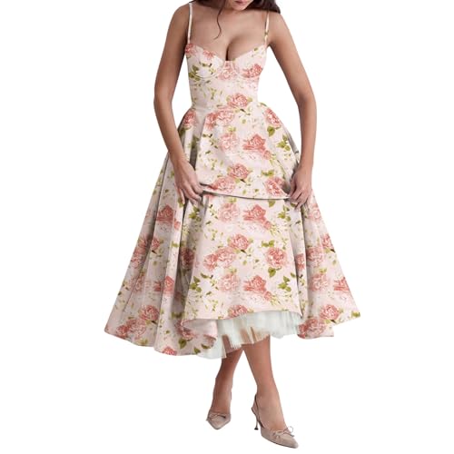 Kleid Rückenfrei Cocktailkleid Damen Lang Spaghettiträger Korsett Abendkleider Elegant Prinzessin Kleider Frauen Corset Ballkleid Taschen Abschlusskleid Schwingen Tüll Doppellagig Maxikleid von FUPODD