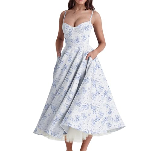 Kleid Rückenfrei Cocktailkleid Damen Lang Spaghettiträger Korsett Abendkleider Elegant Prinzessin Kleider Frauen Corset Ballkleid Taschen Abschlusskleid Schwingen Tüll Doppellagig Maxikleid von FUPODD