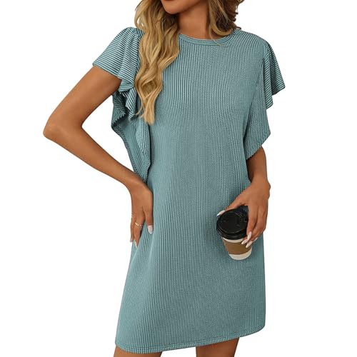 Kleid Sommer Damen Gestreift Kurz Sommerkleid Damen Leicht Elegant Kleider Mit Ärmel Freizeit Locker Sommerkleider Luftig Streifen Gerade Geschnitten Strandkleid Frauen Leichte Volantärmeln von FUPODD