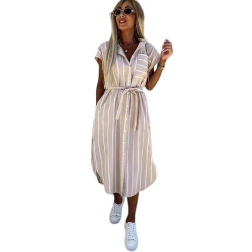 Kleid Sommer Damen Gestreift Lang Mit Schlitz Hemdkleid Mit Knopfleiste Gürtel Elegant Blusenkleid Mit Taschen Midi Kleider A Linie Hemdblusenkleid Streifen Sommerkleid Frauen Leicht Luftig von FUPODD